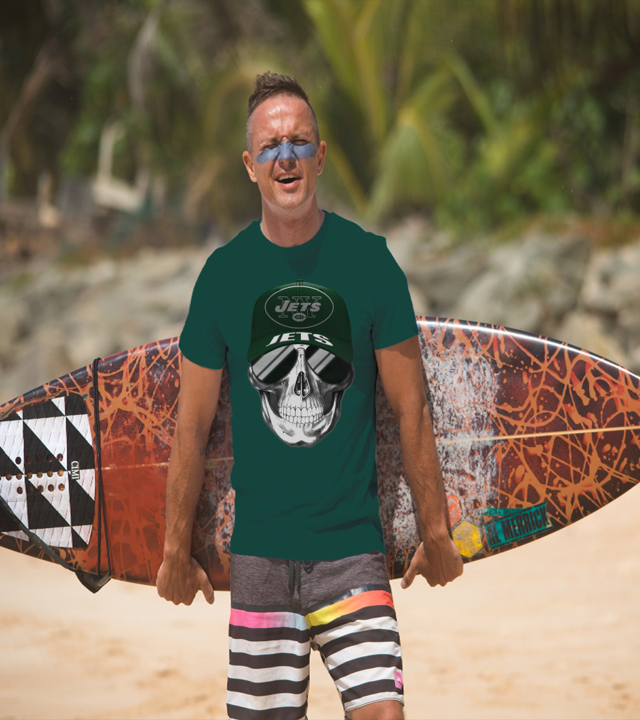 New York Jets Skull With Cap And Sunglasses T-Shirt