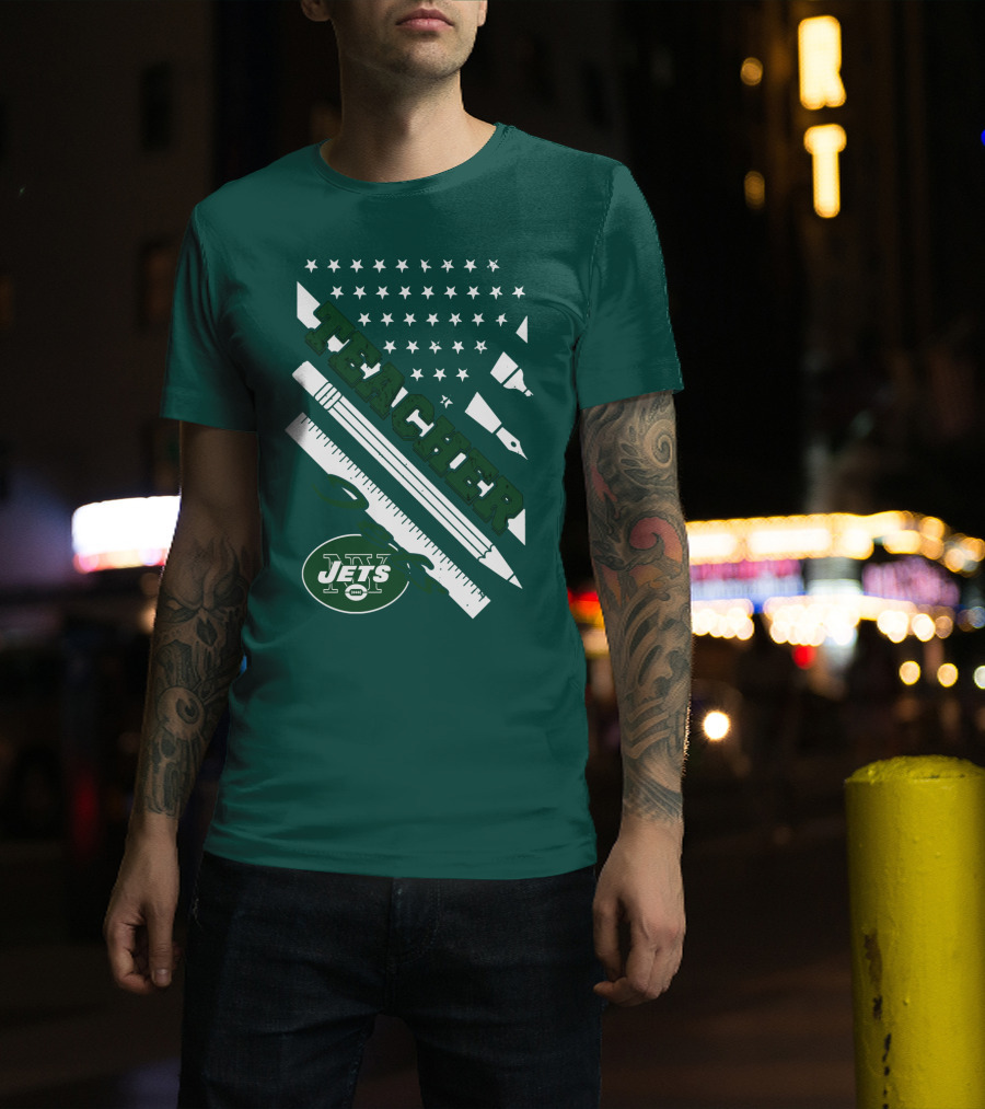 New York Jets Teacher Football Enthusiast American Flag And School Supplies T-Shirt
