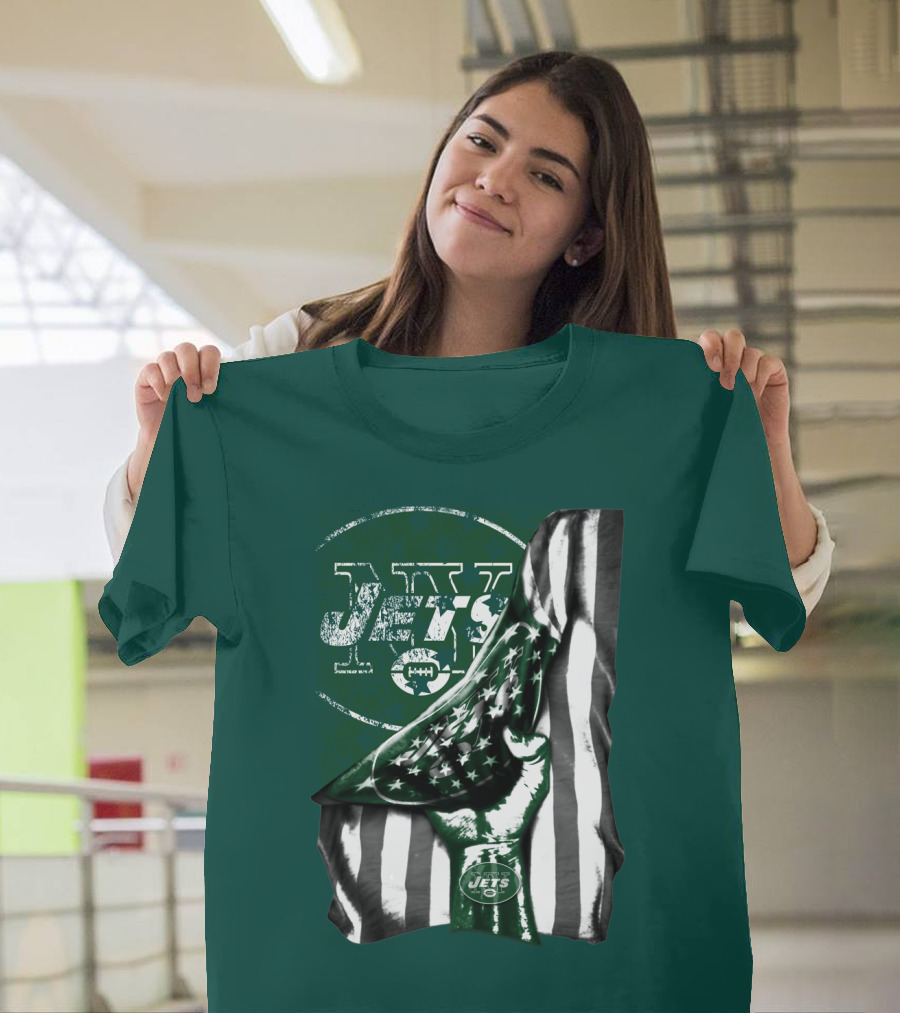 New York Jets Logo With Green And White American Flag And Number One Foam Finger T-Shirt