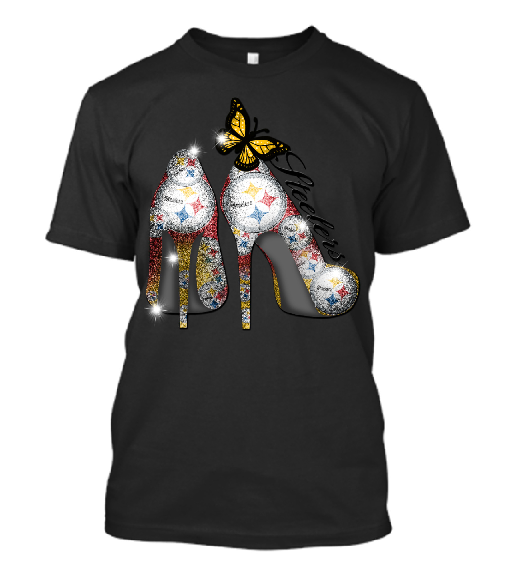 Steelers Pittsburgh High Heels With Yellow Butterfly Sparkle T-Shirt