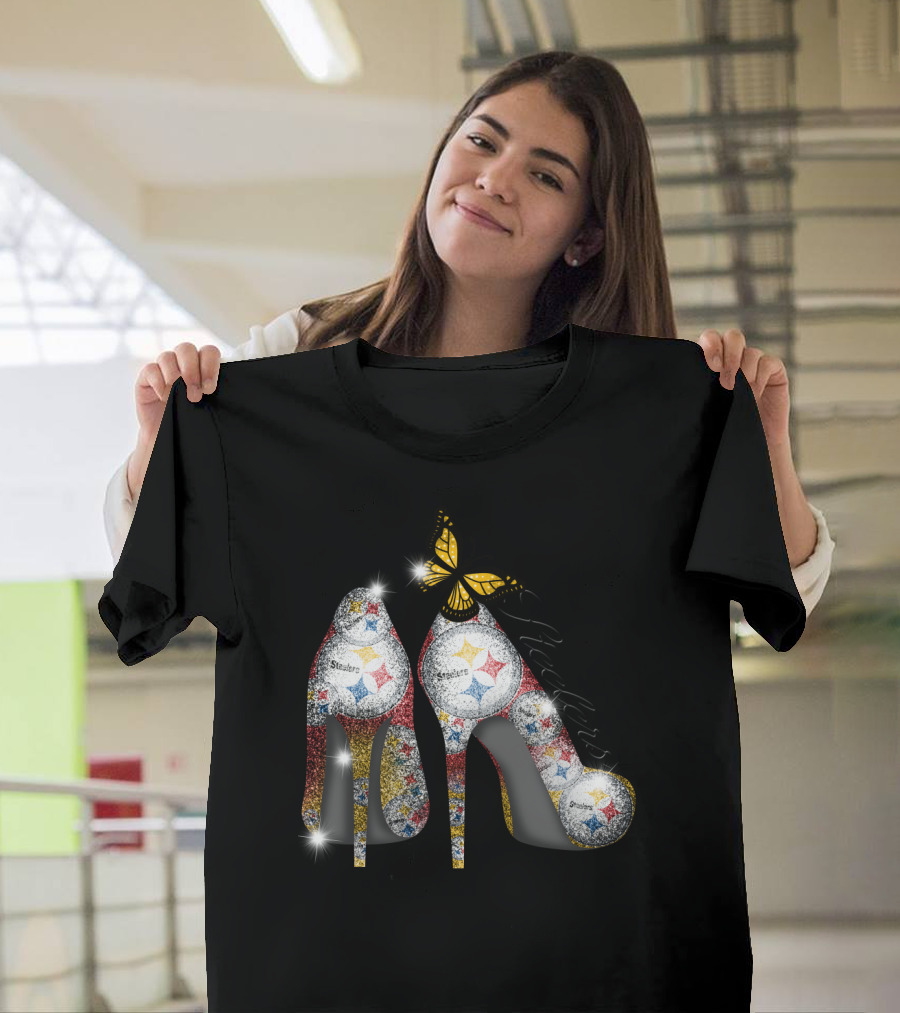 Steelers Pittsburgh High Heels With Yellow Butterfly Sparkle T-Shirt