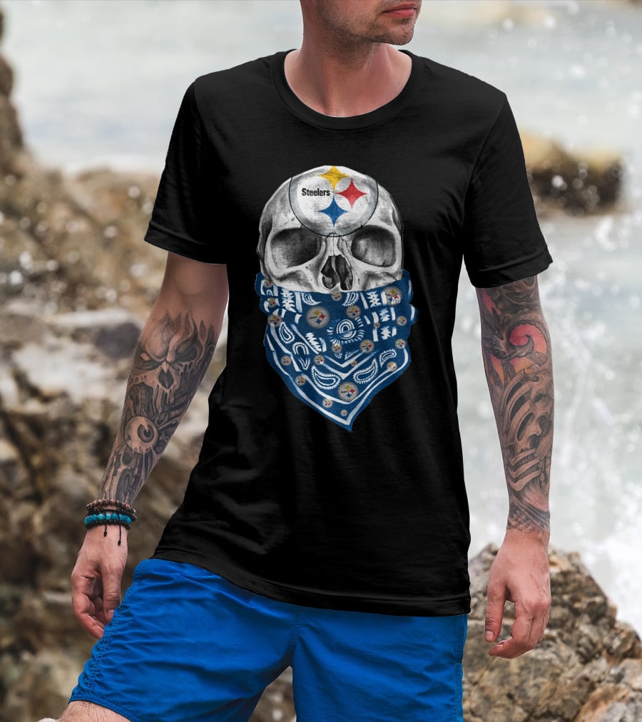 Pittsburgh Steelers Skull Bandana With Team Logo Elements T-Shirt