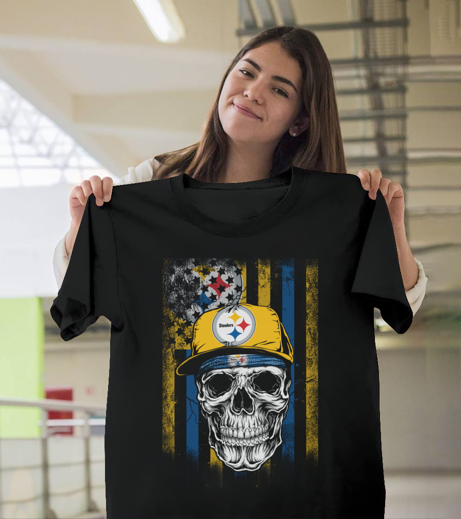 Pittsburgh Steelers Skull With Hat And Black Yellow Stripes T-Shirt