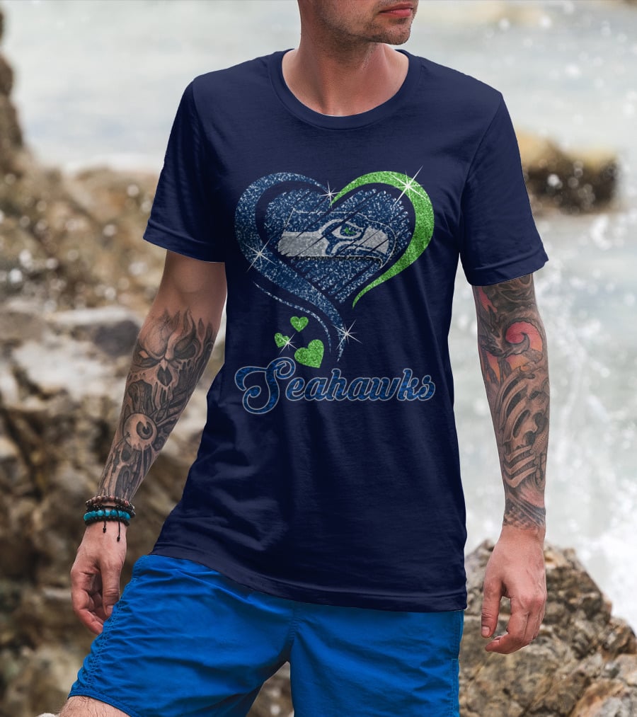 Seahawks Heart Logo With Green And Blue Sparkles T-Shirt