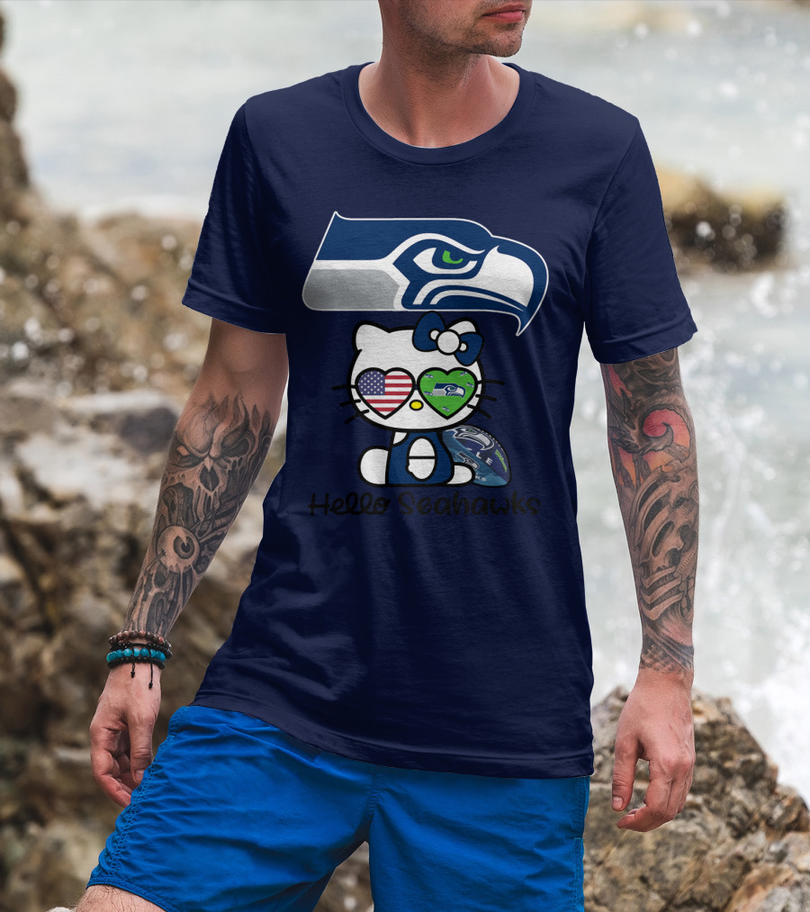 Seattle Seahawks Hello Kitty With Heart Eyes American Flag T-Shirt