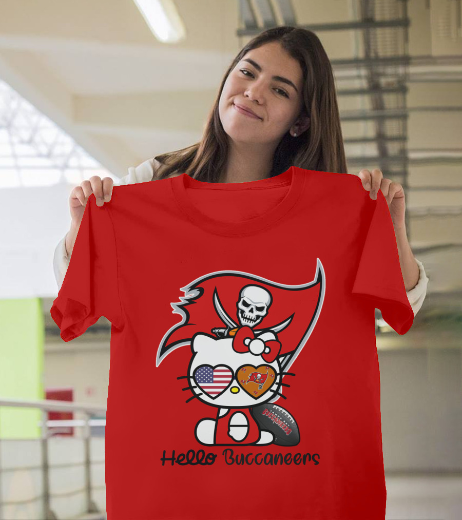 Hello Buccaneers Tampa Bay Buccaneers Football Skull Flag Kitty T-Shirt