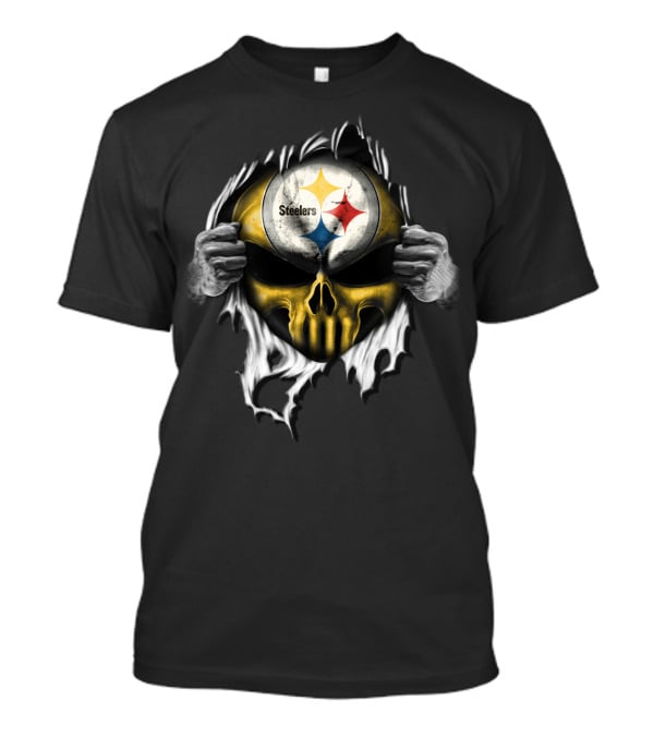 Steelers Skull With Logo And Ripped Effect T-Shirt