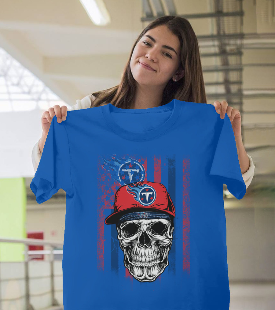 Tennessee Titans Skull With Cap Logo And Stripes T-Shirt