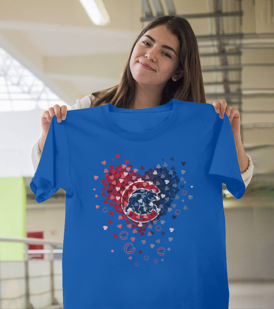 Chicago Cubs Heart Pattern With Bear Logo And Hearts In Red White And Blue T-Shirt