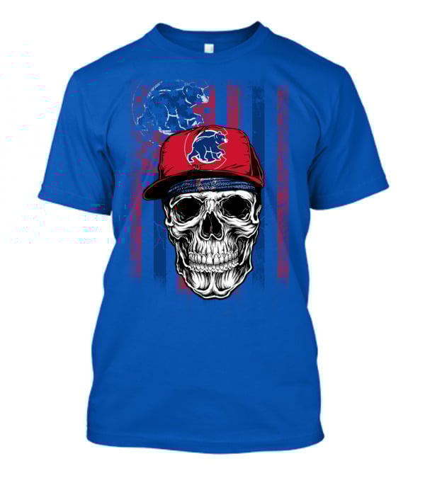 Chicago Cubs Skull With Bear And Cap On Blue T-Shirt