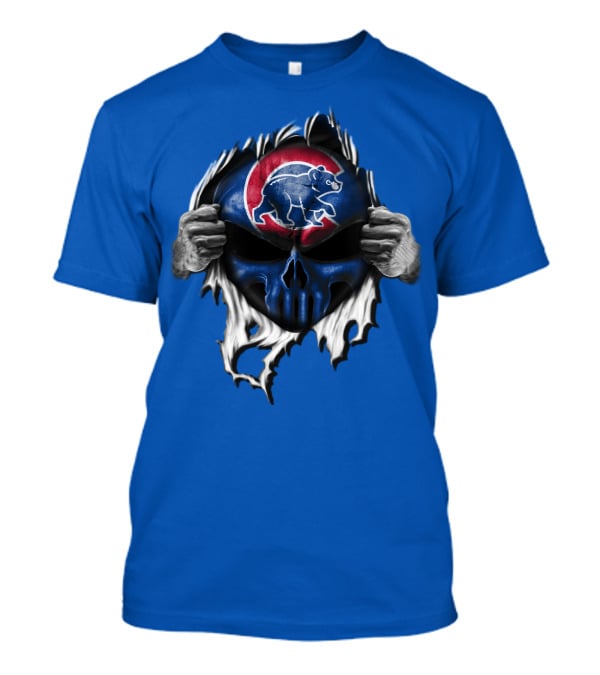 Chicago Cubs Skull Logo With Bear And Red Circle On Blue T-Shirt