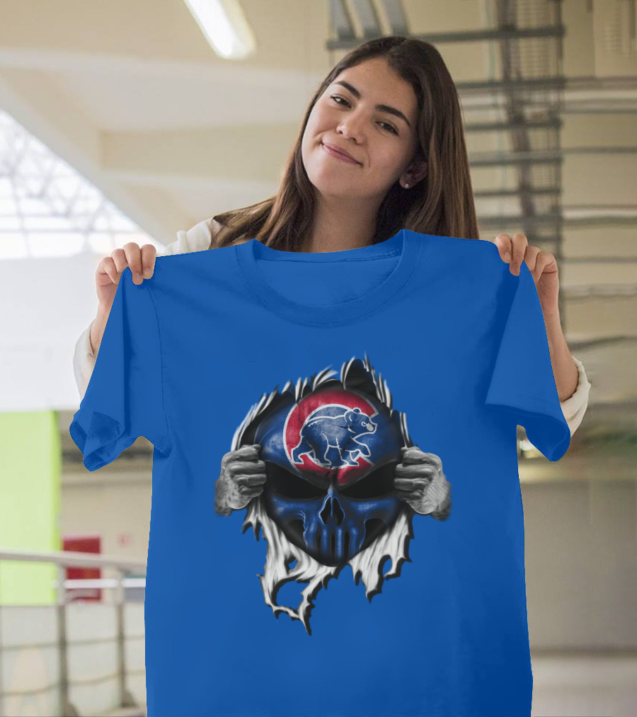 Chicago Cubs Skull Logo With Bear And Red Circle On Blue T-Shirt