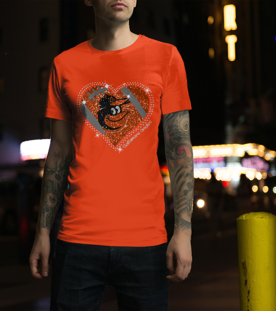 Baltimore Orioles Sparkling Heart And Baseball T-Shirt