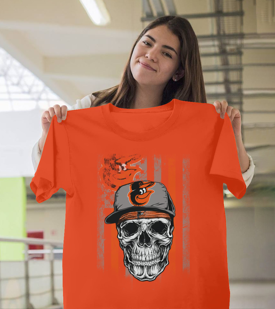 Baltimore Orioles Skull With Cap On Orange T-Shirt