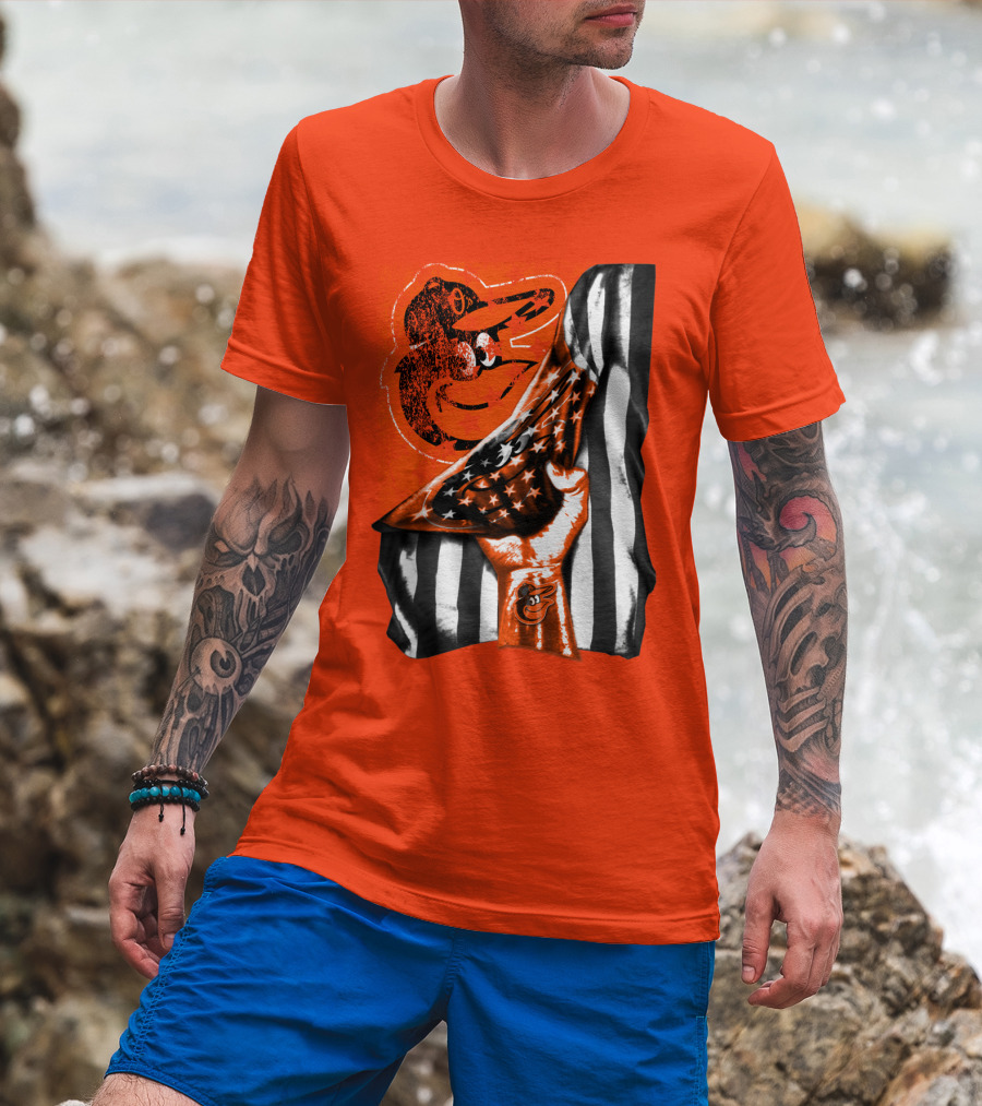 Baltimore Orioles American Flag Fist Logo On Orange T-Shirt