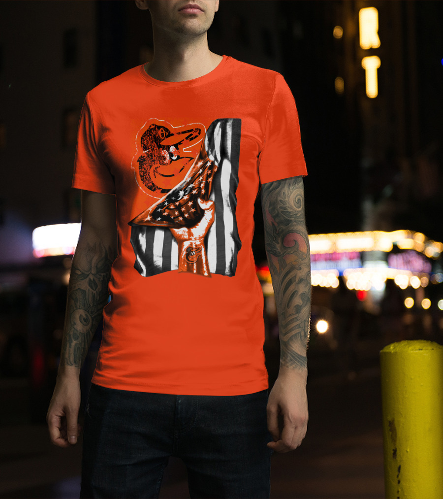 Baltimore Orioles American Flag Fist Logo On Orange T-Shirt