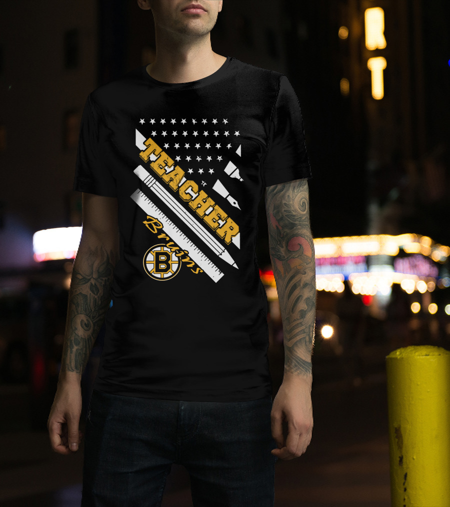 Boston Bruins Teacher American Flag Ruler Pencil Pen Stars T-Shirt