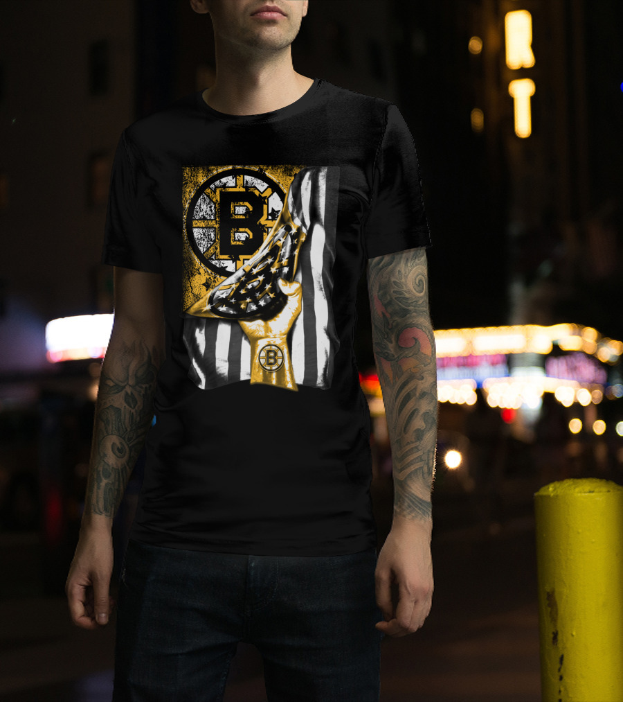Boston Bruins American Flag Hand Emblem Black And Gold Burst T-Shirt