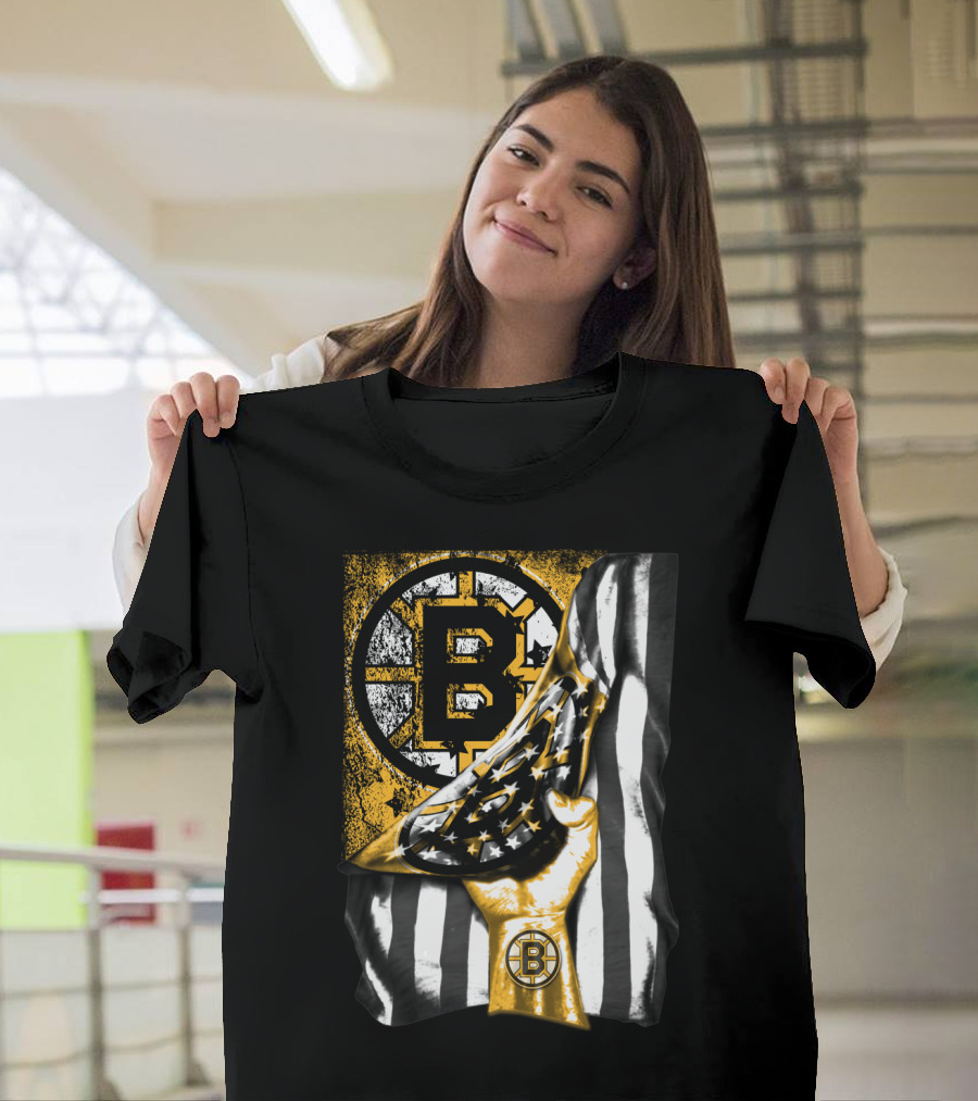 Boston Bruins American Flag Hand Emblem Black And Gold Burst T-Shirt