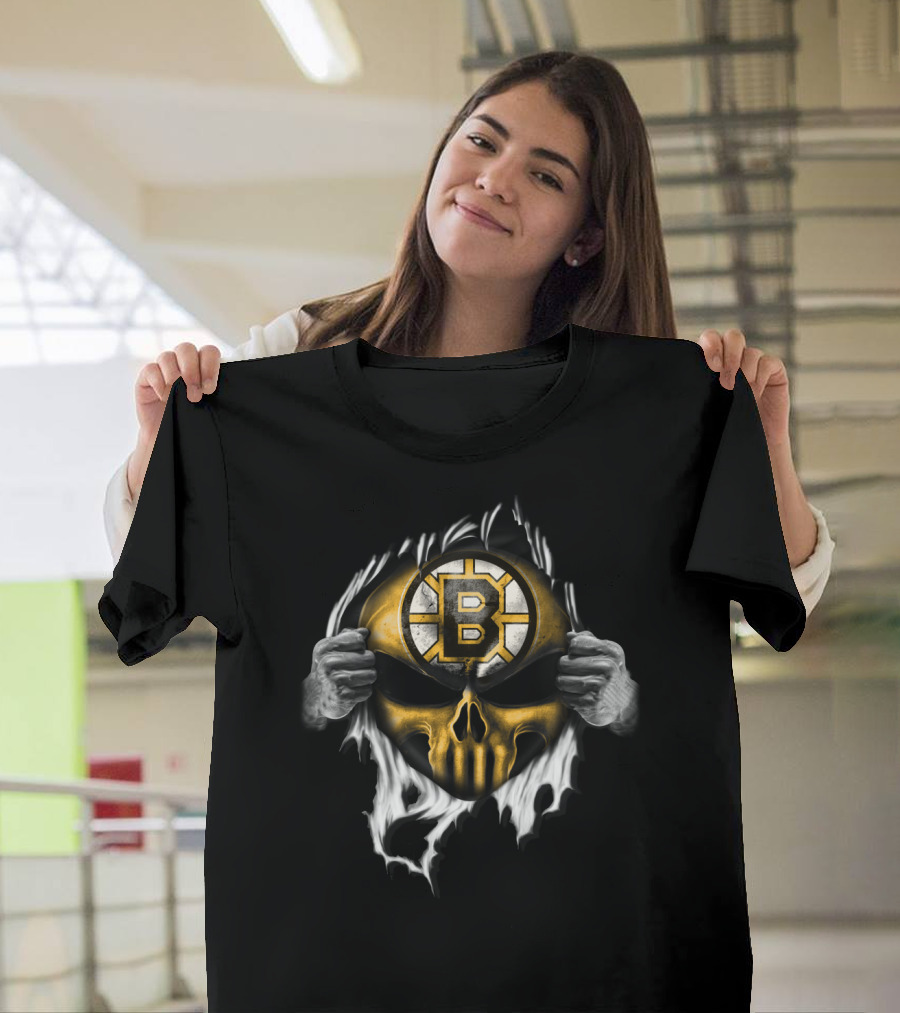 Boston Bruins Skull Logo Ripping Through T-Shirt