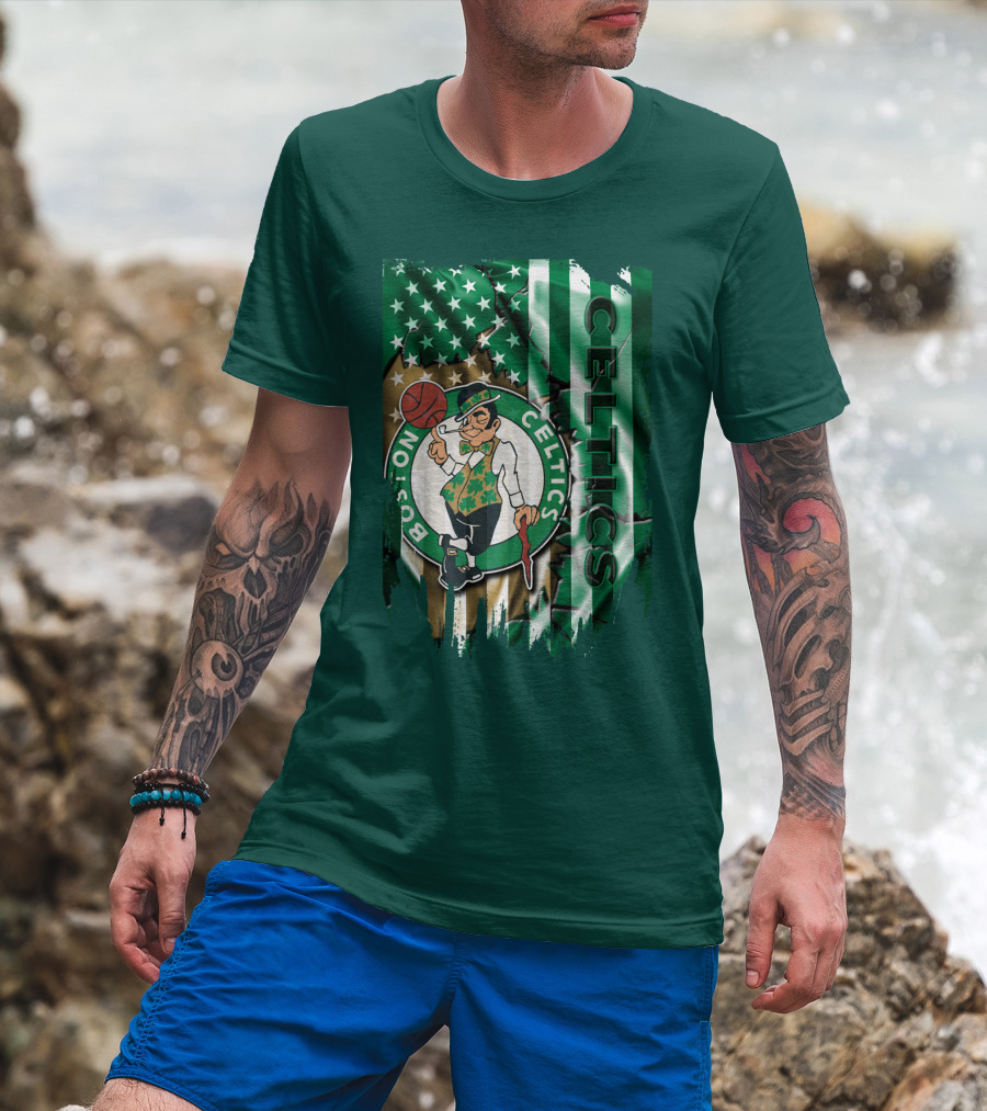 Boston Celtics Shamrock Leprechaun American Flag Basketball T-Shirt