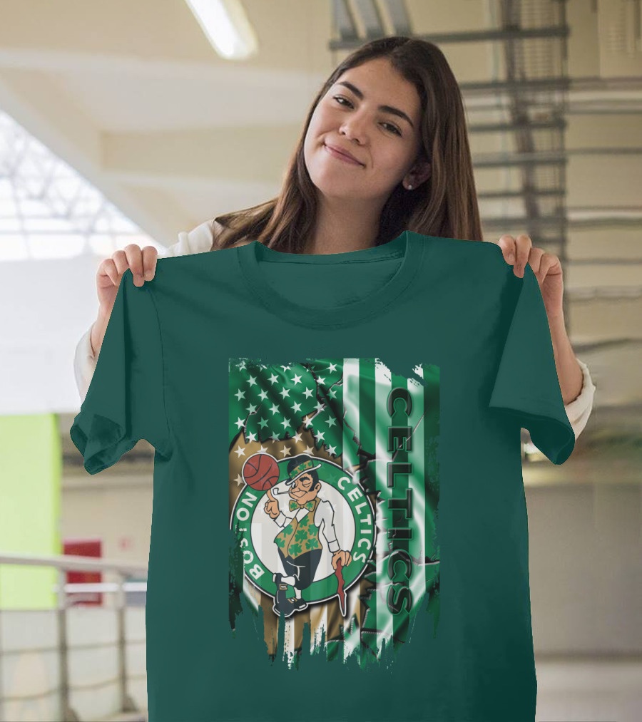 Boston Celtics Shamrock Leprechaun American Flag Basketball T-Shirt