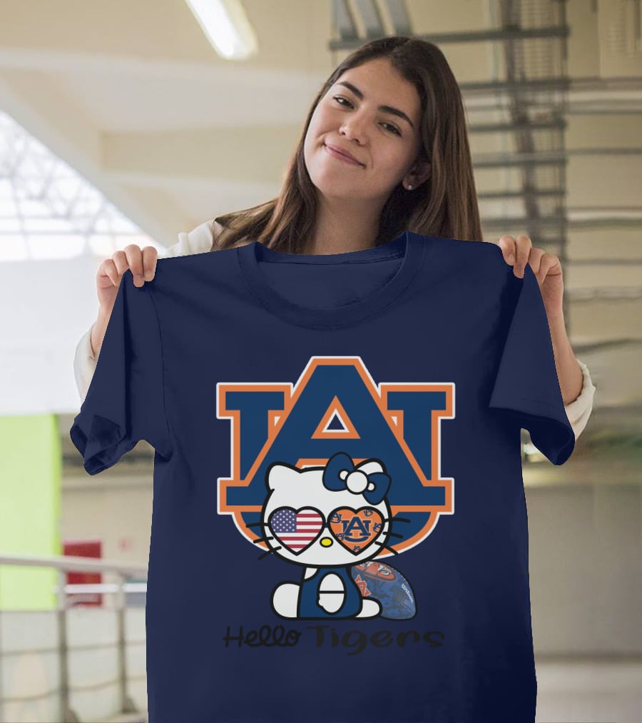 Hello Tigers Auburn Kitty Football American Flag T-Shirt