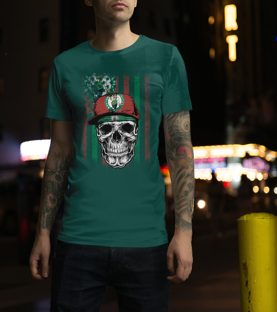 Boston Celtics Skull With Cap And Stripes T-Shirt