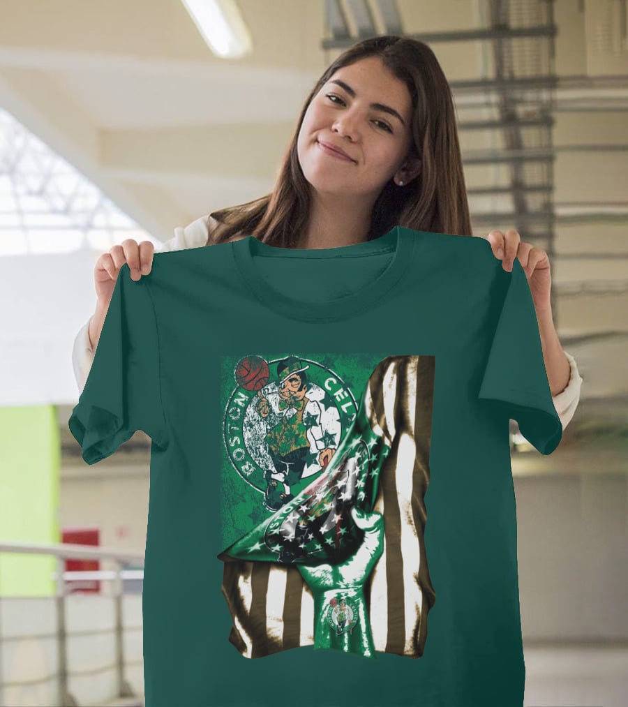 Boston Celtics Hand Lifting Flag With Lucky The Leprechaun And Basketball T-Shirt