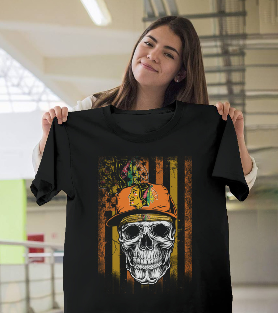 Chicago Blackhawks Skull With Hat And Feathered T-Shirt