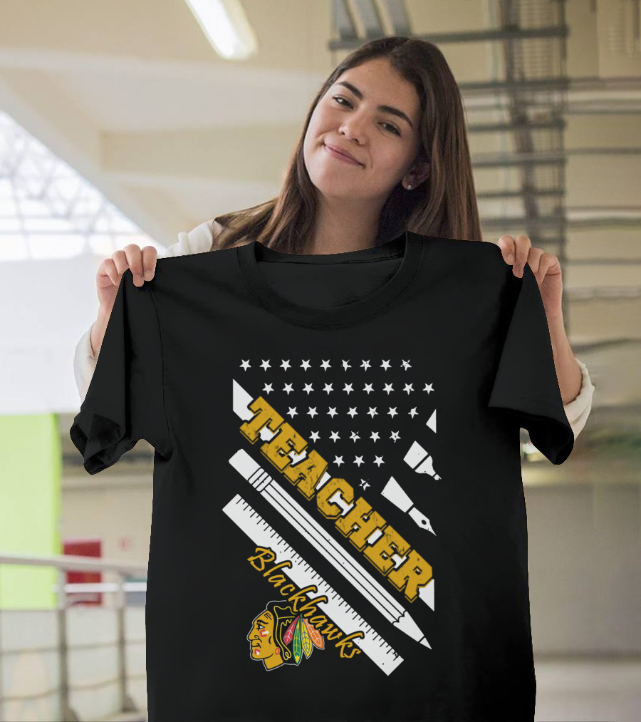 Blackhawks Teacher Usa Flag Pencil Ruler T-Shirt