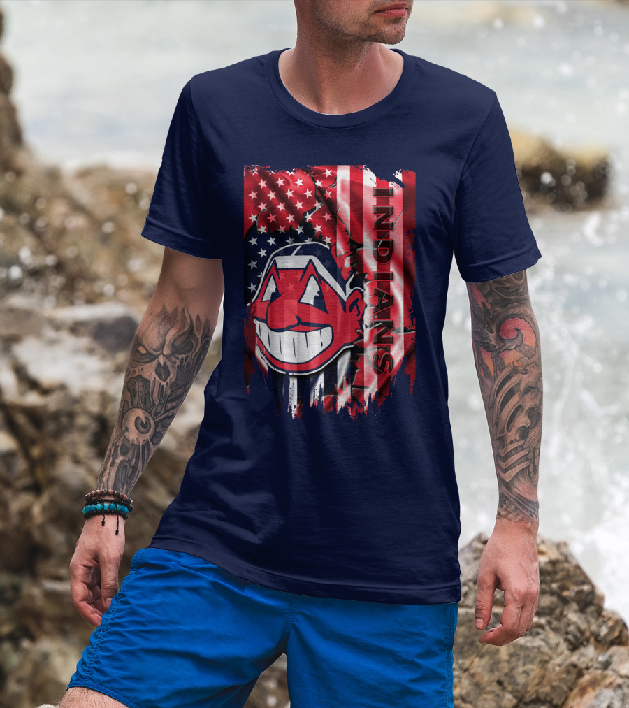 Cleveland Indians Chief Wahoo American Flag Patriotic Baseball T-Shirt