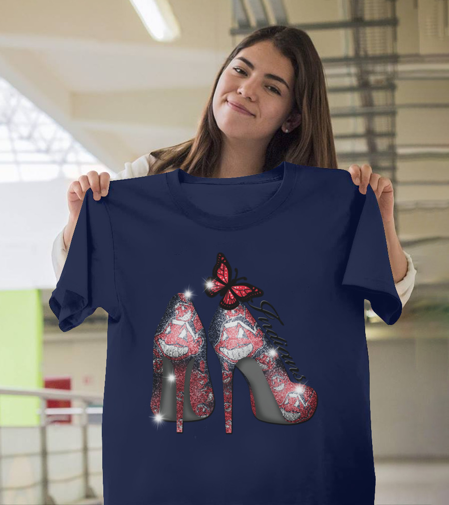 Cleveland Indians Heels With Butterfly And Baseball Motif T-Shirt