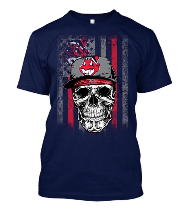 Cleveland Indians Skull Wearing Chief Wahoo Cap With American Flag T-Shirt