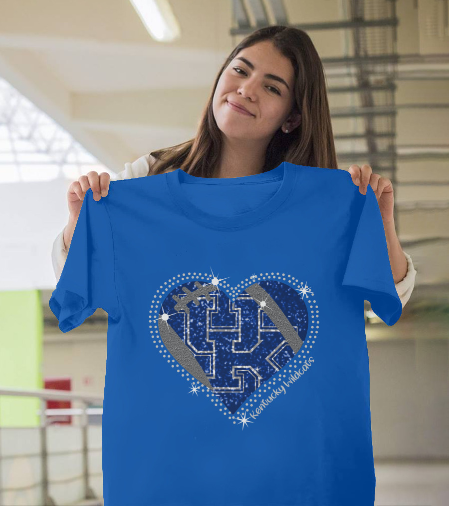 Kentucky Wildcats Heart Football Logo Sparkle Blue T-Shirt