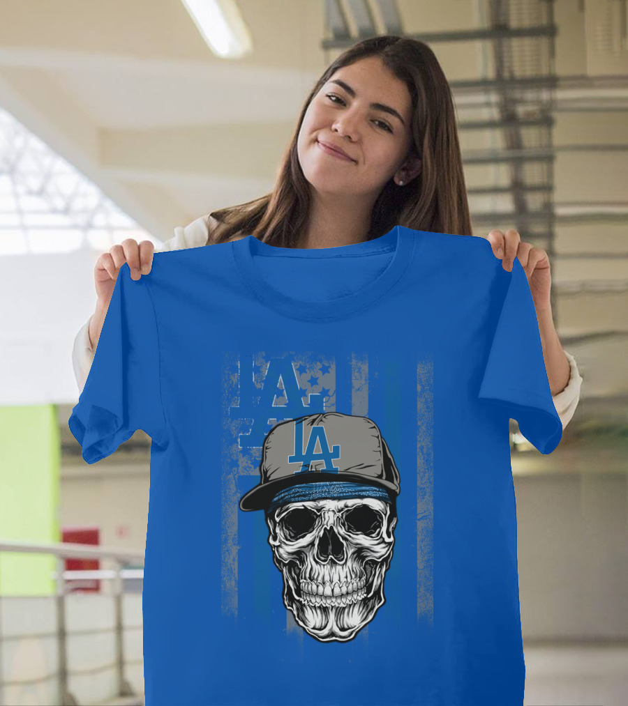 Los Angeles Dodgers Skull With La Cap And Stars T-Shirt