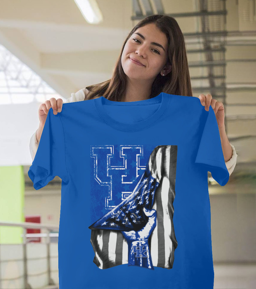 Kentucky Wildcats U.s. Flag Blue And White Logo Fusion T-Shirt