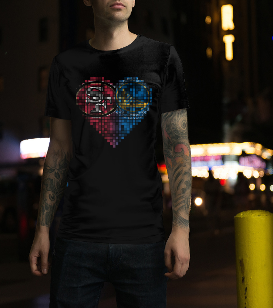 San Francisco 49ers And Golden State Warriors Heart Pixel Mosaic T-Shirt