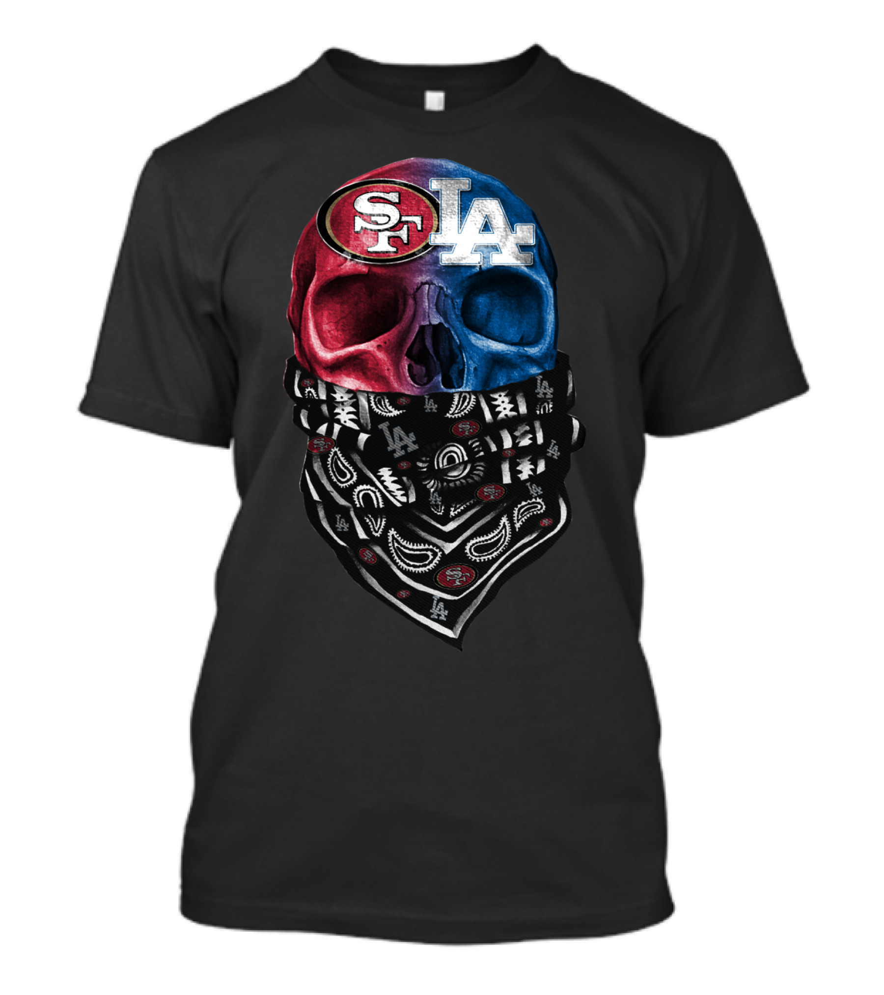 Sf 49ers La Dodgers Split Skull Bandana T-Shirt