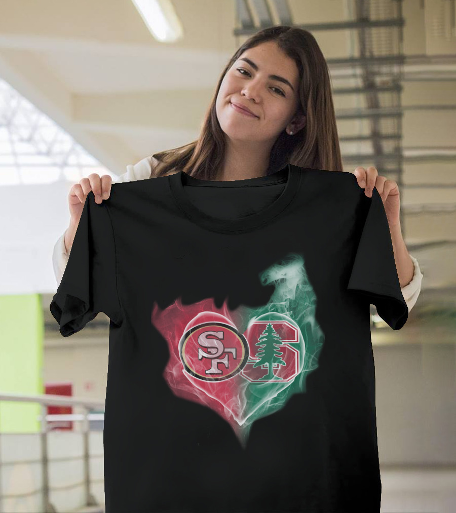 San Francisco 49ers And Stanford Cardinal Heart-Shaped Smoke Logos T-Shirt