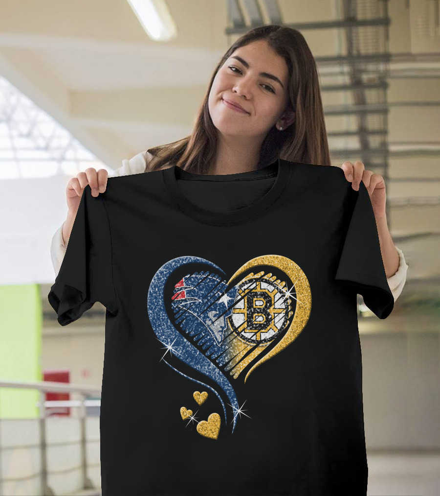 New England Patriots Boston Bruins Heart Design T-Shirt