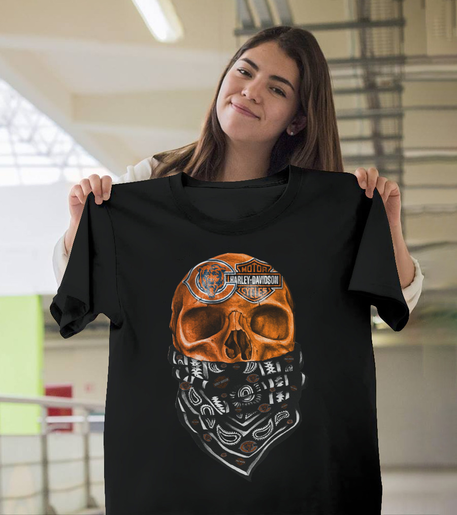 Harley Davidson Motorcycles Skull With Chicago Bears Logo Bandana T-Shirt