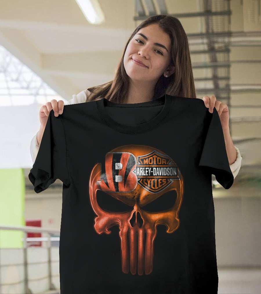 Cincinnati Bengals Harley Davidson Punisher Skull T-Shirt