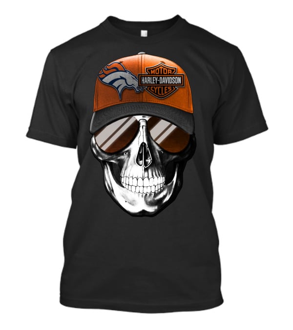 Harley Davidson Motorcycles Skull With Denver Broncos Cap T-Shirt