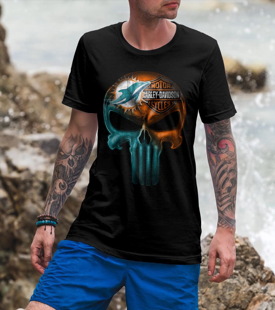 Miami Dolphins Harley Davidson Punisher Skull T-Shirt
