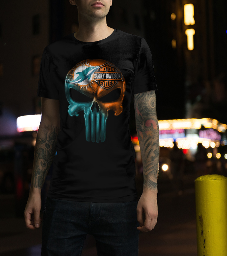 Miami Dolphins Harley Davidson Punisher Skull T-Shirt