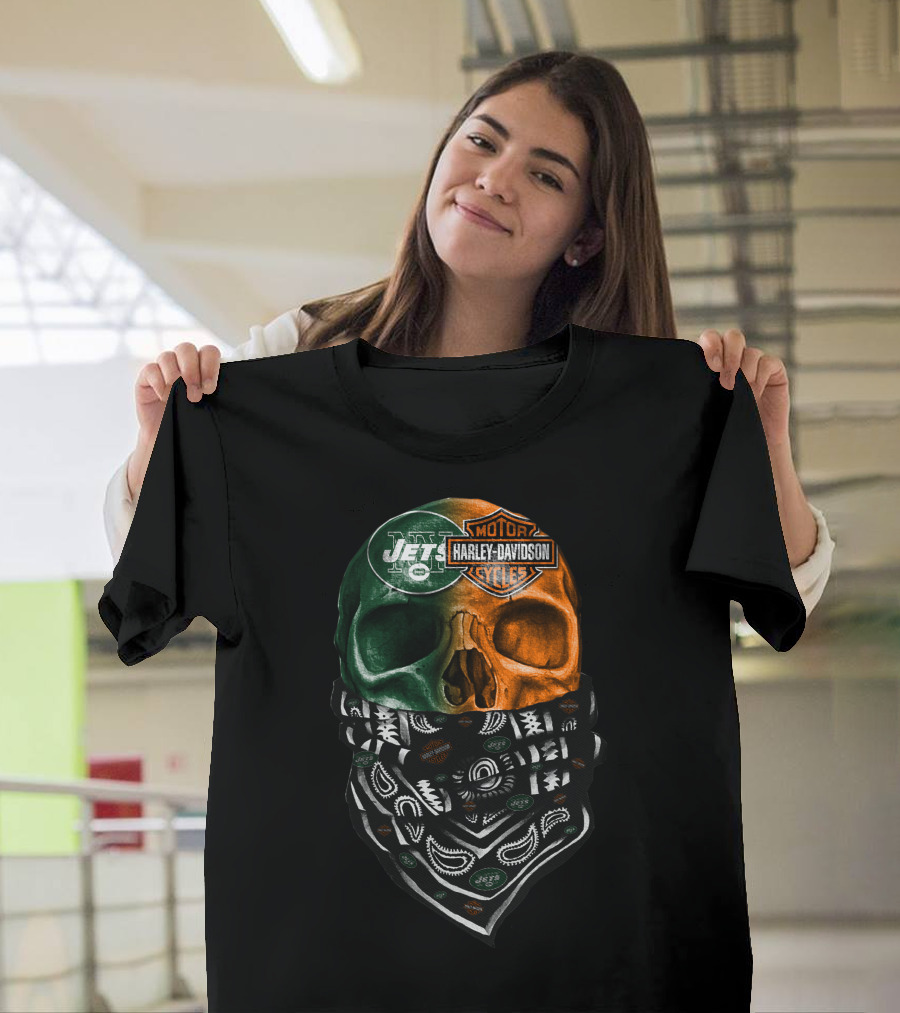 New York Jets Harley Davidson Green Orange Skull Bandana T-Shirt