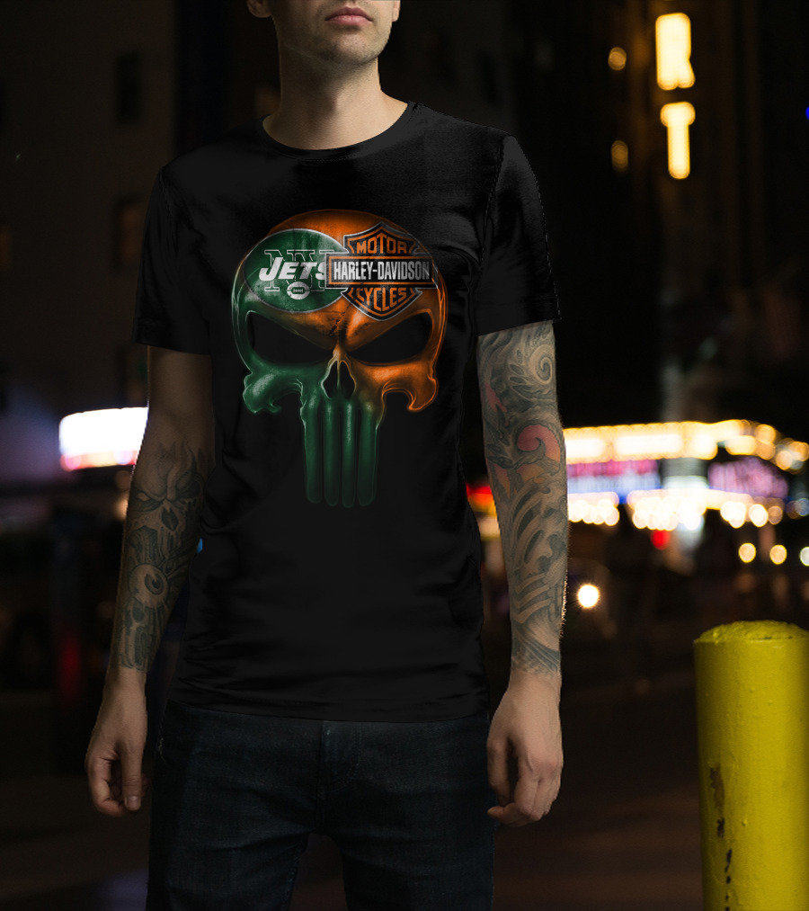 New York Jets Harley Davidson Skull T-Shirt