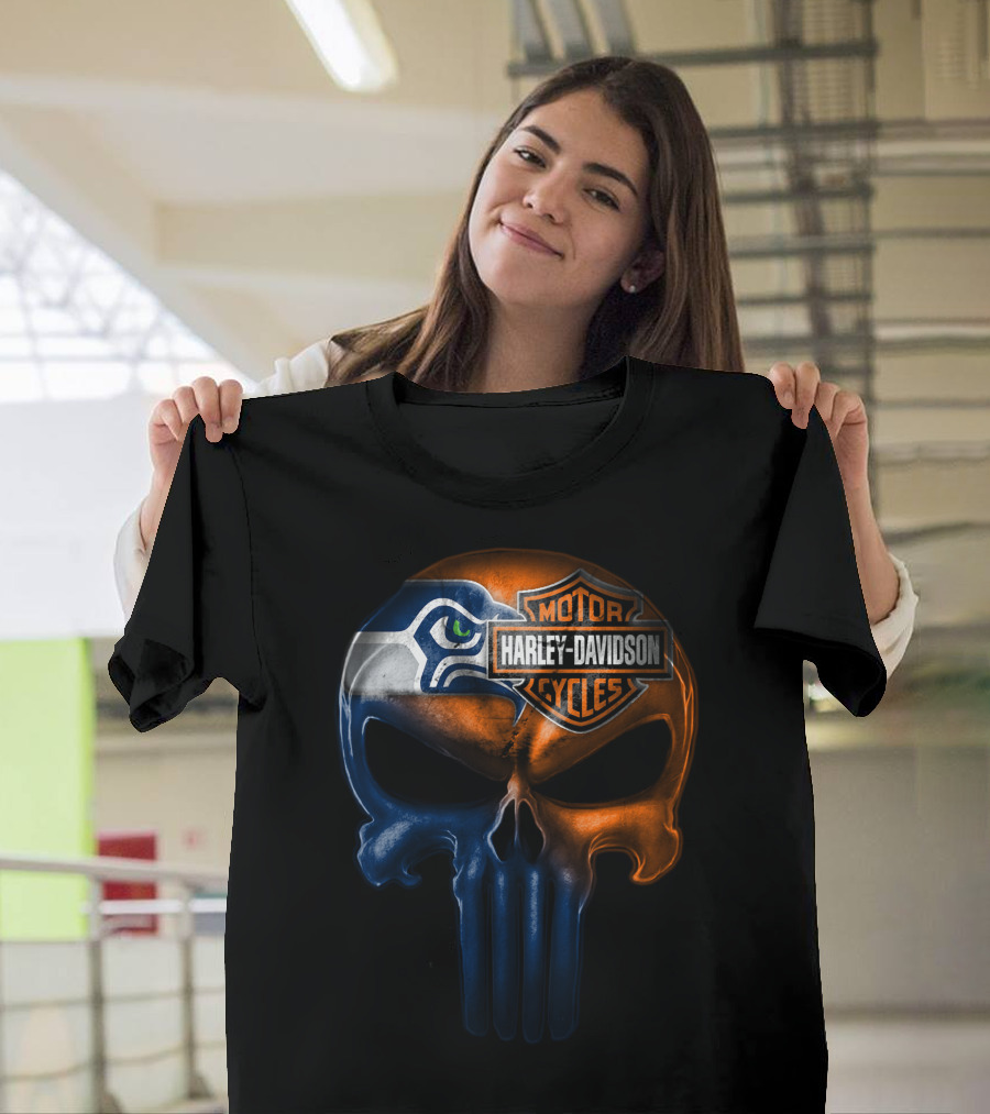 Seattle Seahawks Harley Davidson Skull T-Shirt