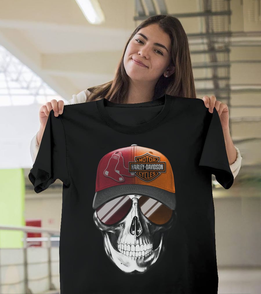 Harley Davidson Red Sox Skull Hat T-Shirt